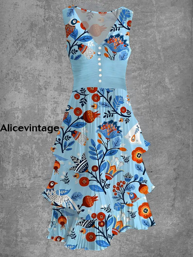 Floral Art Print Sleeveless V-Neck Button Up Retro Midi Dress A / S