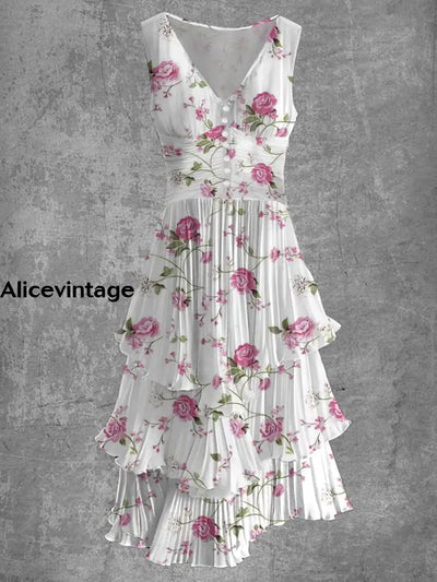 Floral Art Print Sleeveless V-Neck Button Up Retro Midi Dress A / S