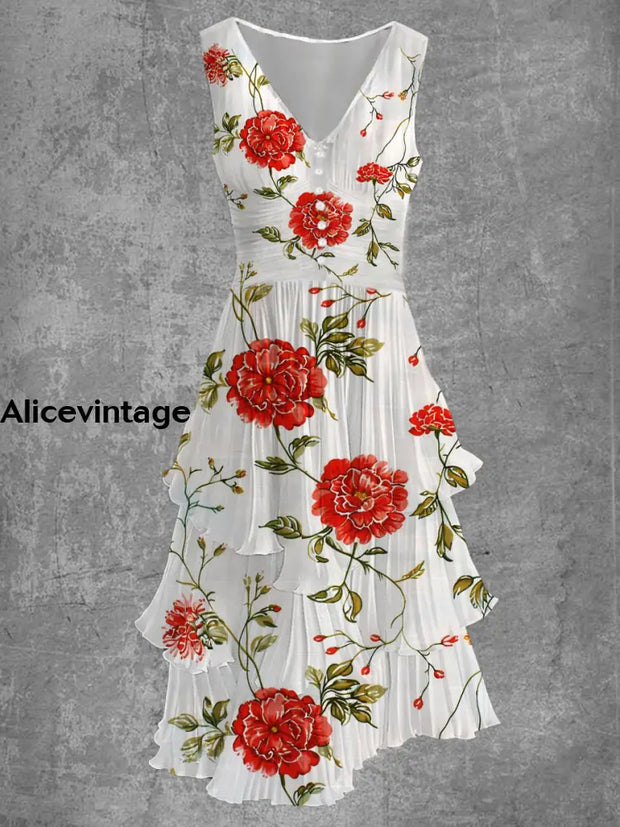 Floral Art Print Sleeveless V-Neck Button Up Retro Midi Dress A / S