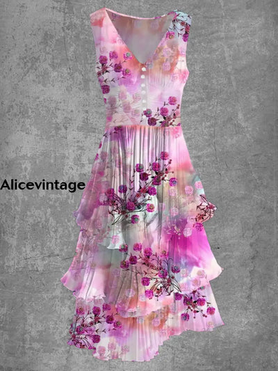 Floral Art Print Sleeveless V-Neck Button Up Retro Midi Dress A / S