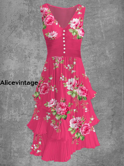 Floral Art Print Sleeveless V-Neck Button Up Retro Midi Dress A / S