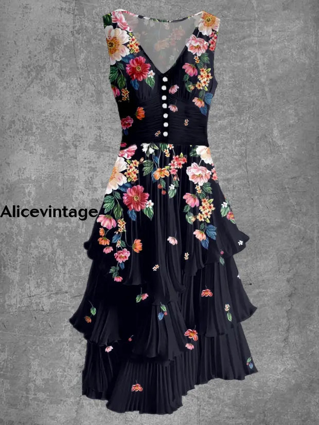 Floral Art Print Sleeveless V-Neck Button Up Retro Midi Dress A / S