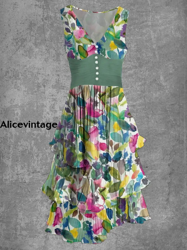 Floral Art Print Sleeveless V-Neck Button Up Retro Midi Dress A / S