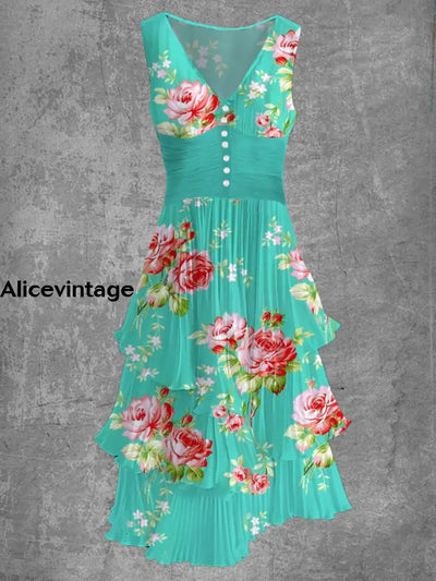 Floral Art Print Sleeveless V-Neck Button Up Retro Midi Dress A / S