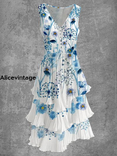 Floral Art Print Sleeveless V-Neck Button Up Retro Midi Dress A / S