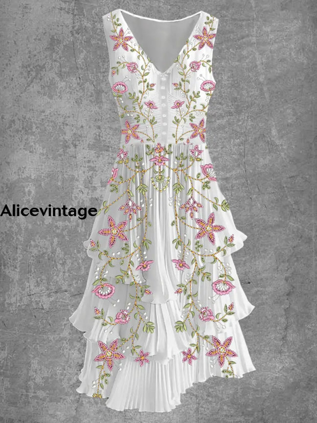 Floral Art Print Sleeveless V-Neck Button Up Retro Midi Dress A / S