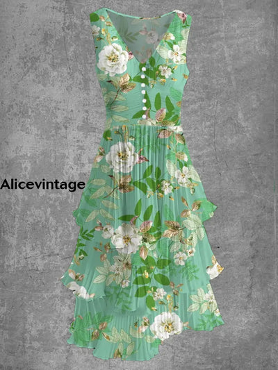 Floral Art Print Sleeveless V-Neck Button Up Retro Midi Dress A / S