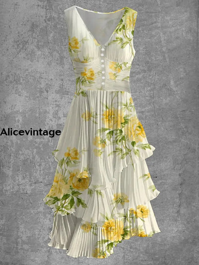 Floral Art Print Sleeveless V-Neck Button Up Retro Midi Dress A / S