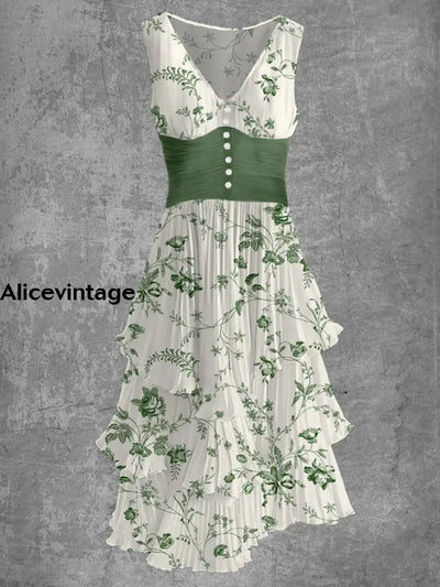 Floral Art Print Sleeveless V-Neck Button Up Retro Midi Dress A / S