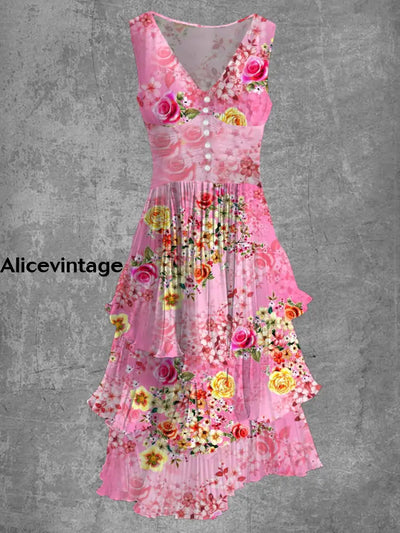 Floral Art Print Sleeveless V-Neck Button Up Retro Midi Dress A / S