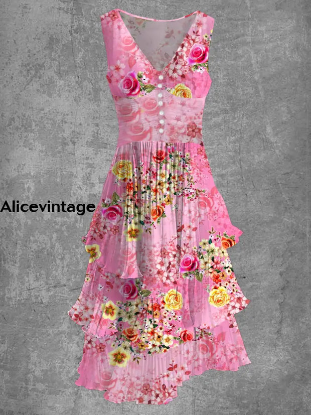 Floral Art Print Sleeveless V-Neck Button Up Retro Midi Dress A / S