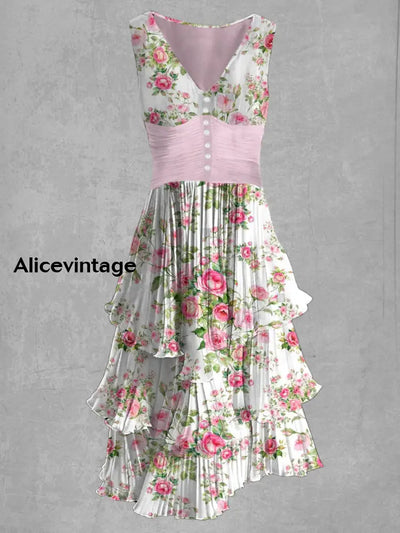 Floral Art Print Sleeveless V-Neck Button Up Retro Midi Dress A / S