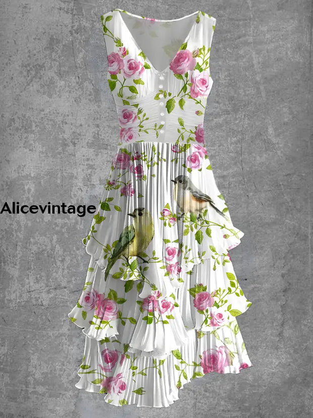 Floral Art Print Sleeveless V-Neck Button Up Retro Midi Dress A / S