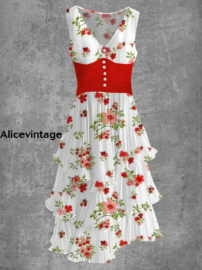 Floral Art Print Sleeveless V-Neck Button Up Retro Midi Dress A / S