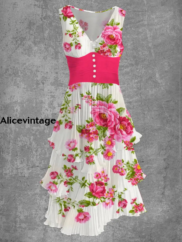 Floral Art Print Sleeveless V-Neck Button Up Retro Midi Dress A / S