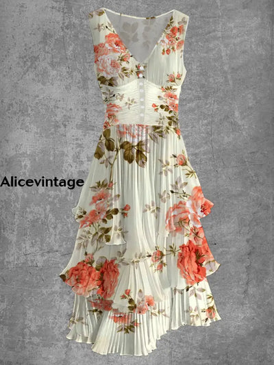 Floral Art Print Sleeveless V-Neck Button Up Retro Midi Dress A / S