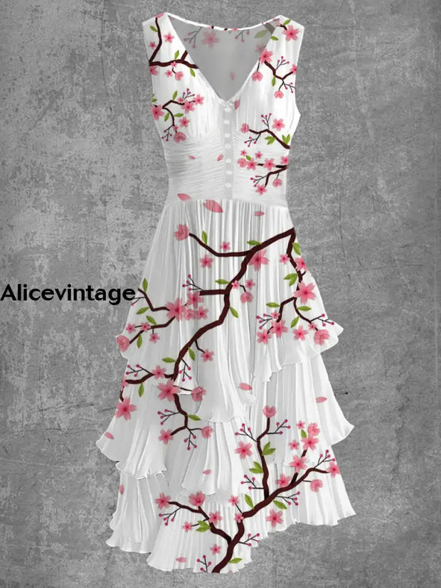 Floral Art Print Sleeveless V-Neck Button Up Retro Midi Dress A / S