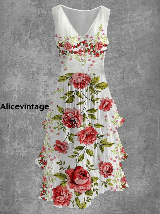 Floral Art Print Sleeveless V-Neck Button Up Retro Midi Dress A / S