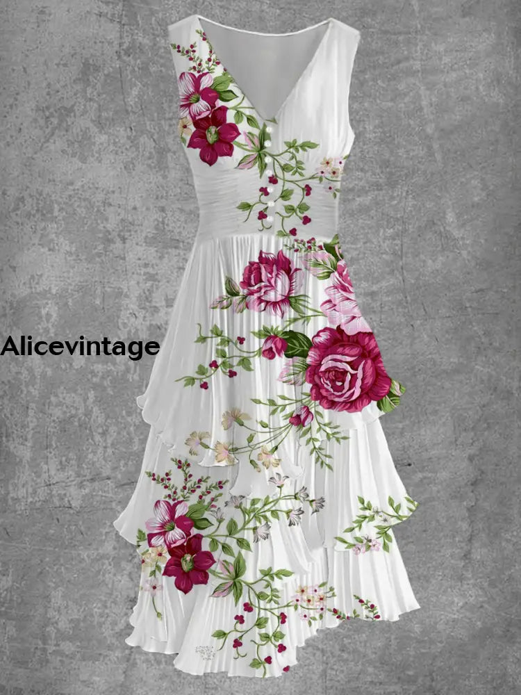 Floral Art Print Sleeveless V-Neck Button Up Retro Midi Dress A / S
