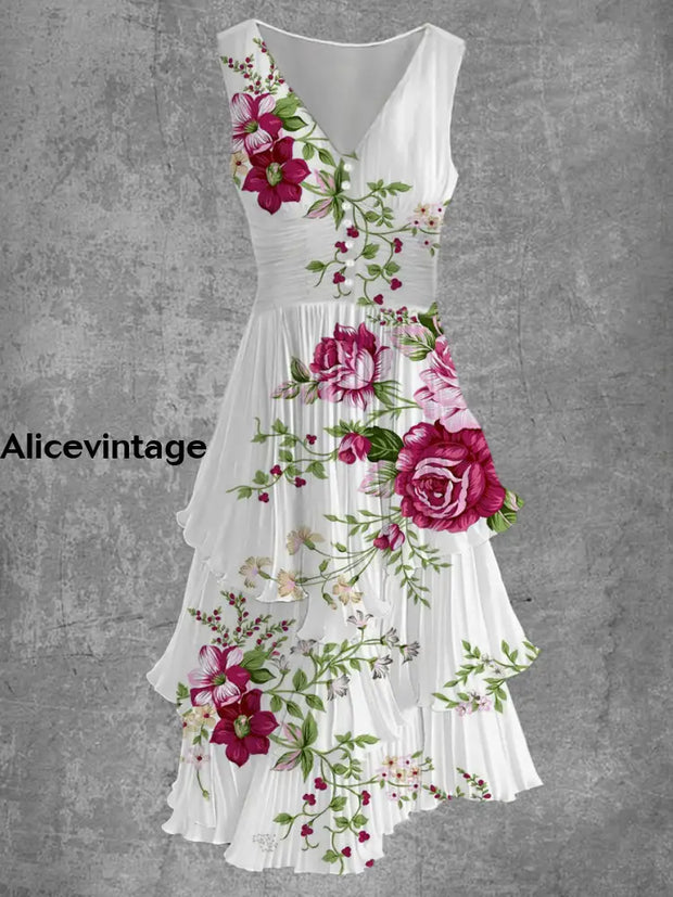 Floral Art Print Sleeveless V-Neck Button Up Retro Midi Dress A / S