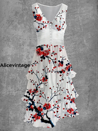 Floral Art Print Sleeveless V-Neck Button Up Retro Midi Dress A / S