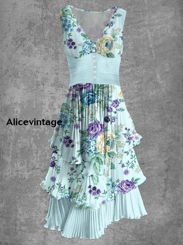 Floral Art Print Sleeveless V-Neck Button Up Retro Midi Dress A / S