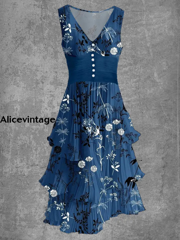 Floral Art Print Sleeveless V-Neck Button Up Retro Midi Dress A / S