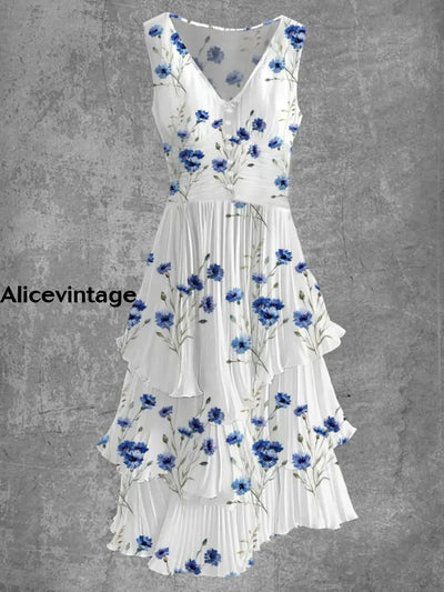 Floral Art Print Sleeveless V-Neck Button Up Retro Midi Dress A / S