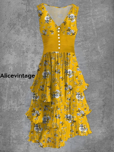 Floral Art Print Sleeveless V-Neck Button Up Retro Midi Dress A / S