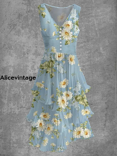 Floral Art Print Sleeveless V-Neck Button Up Retro Midi Dress A / S