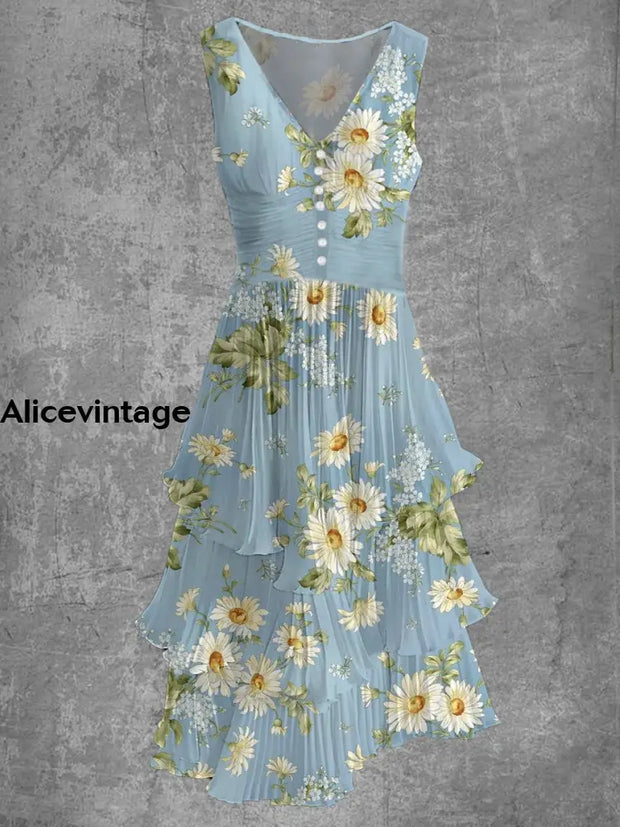 Floral Art Print Sleeveless V-Neck Button Up Retro Midi Dress A / S