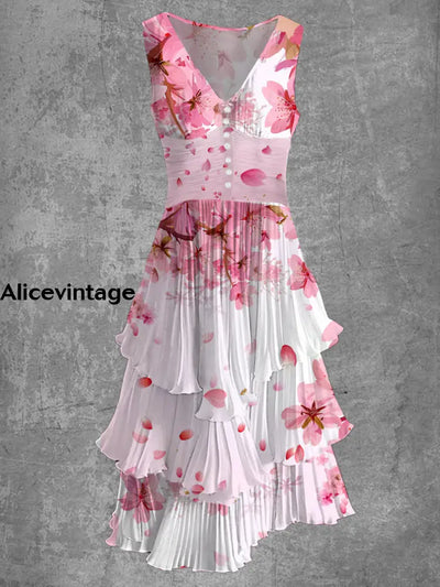 Floral Art Print Sleeveless V-Neck Button Up Retro Midi Dress A / S