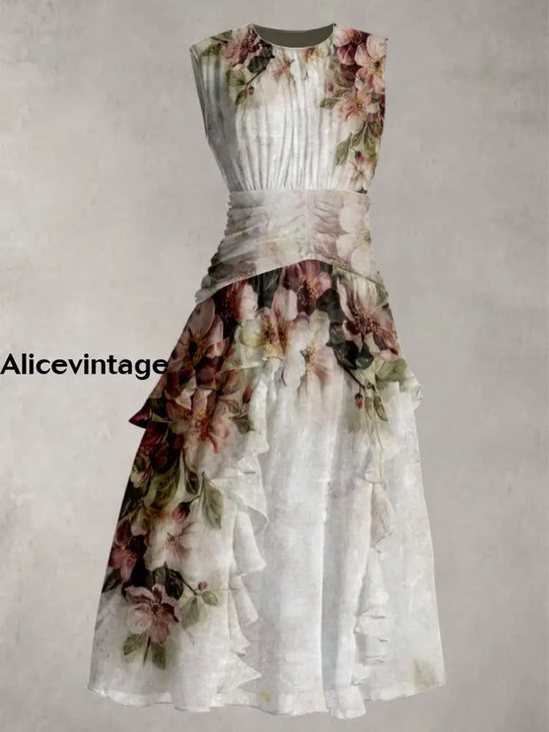 Floral Art Print V-Neck 50’S Vintage Chic Sleeveless Maxi Dress A / S