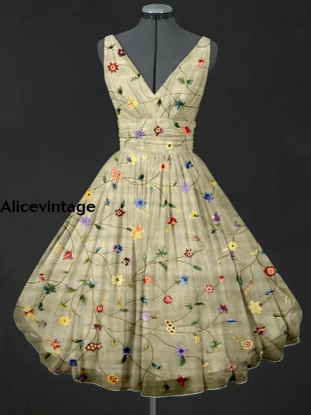 Floral Art Print V-Neck 50’S Vintage Fashion Sleeveless Midi Dress A / S