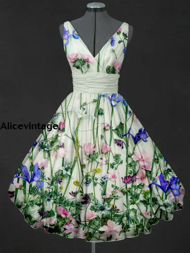 Floral Art Print V-Neck 50’S Vintage Fashion Sleeveless Midi Dress A / S