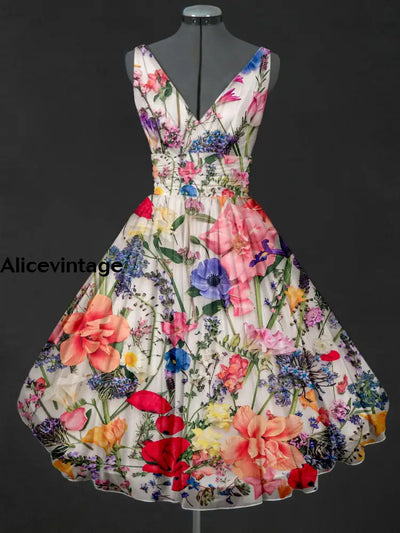 Floral Art Print V-Neck 50’S Vintage Fashion Sleeveless Midi Dress A / S