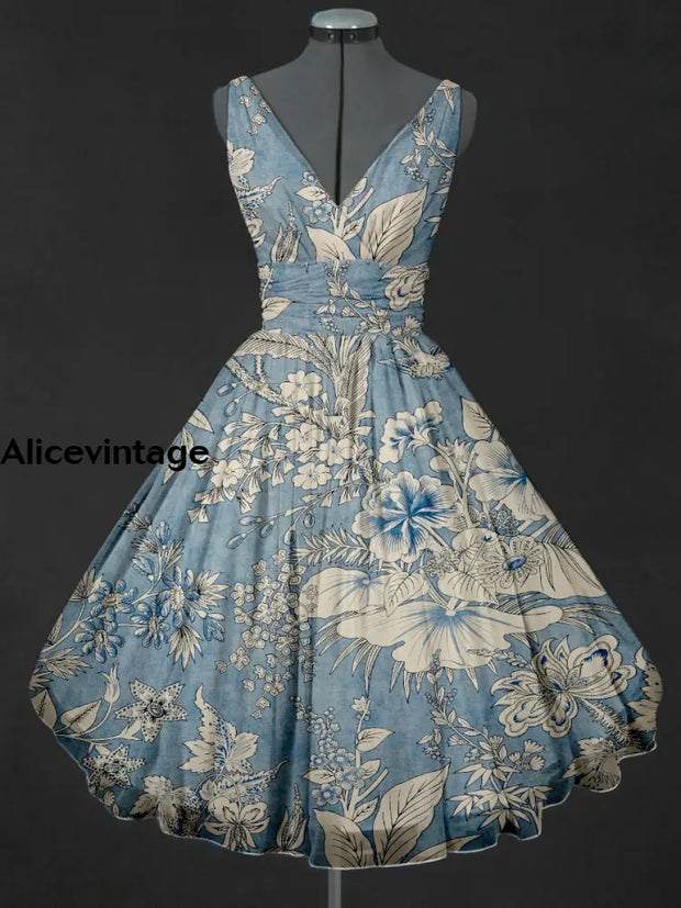 Floral Art Print V-Neck 50’S Vintage Fashion Sleeveless Midi Dress A / S