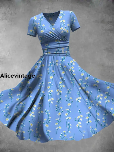 Floral Art Print V-Neck Chic Short Sleeve Vintage Midi Dress A / S