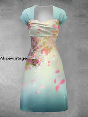 Floral Art Print V-Neck Elegant Vintage Midi Dress