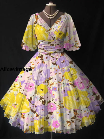 Floral Art Print V-Neck Elegant Vintage Short Sleeve Midi Dress A / S