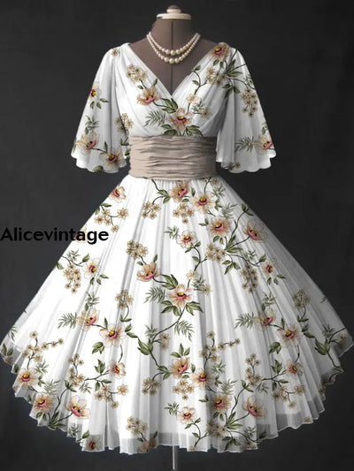 Floral Art Print V-Neck Elegant Vintage Short Sleeve Midi Dress A / S