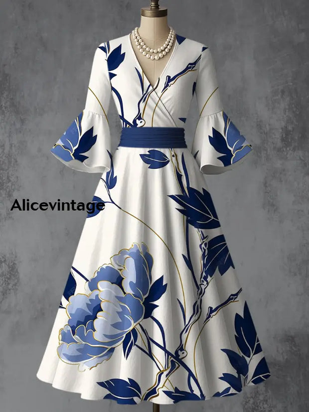 Floral Art Print V-Neck Flare Sleeve Vintage Elegant Dress A / S