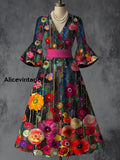 Floral Art Print V-Neck Flare Sleeve Vintage Elegant Dress A / S