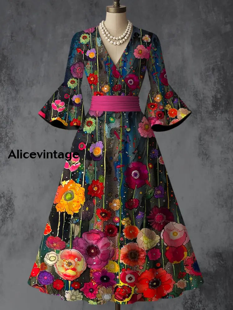 Floral Art Print V-Neck Flare Sleeve Vintage Elegant Dress A / S