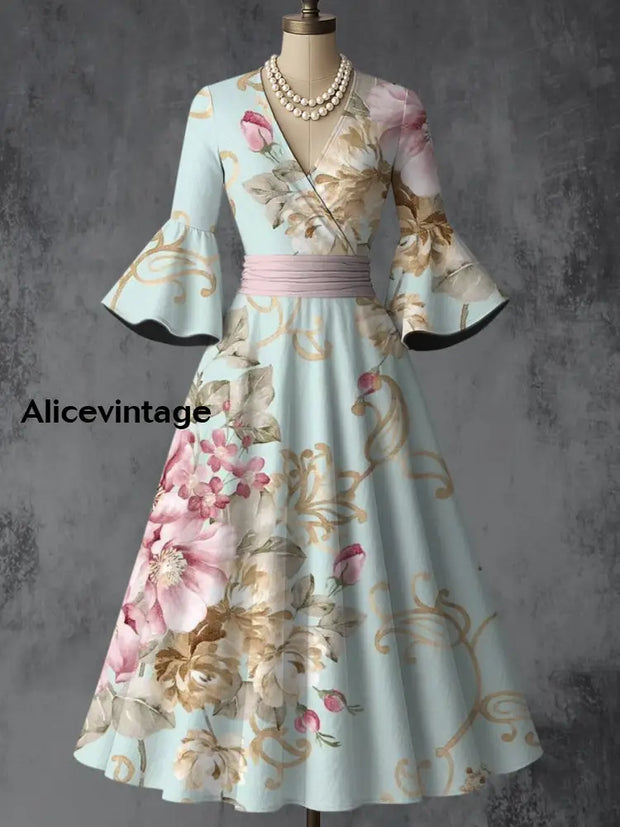 V-neck Floral Retro Dress