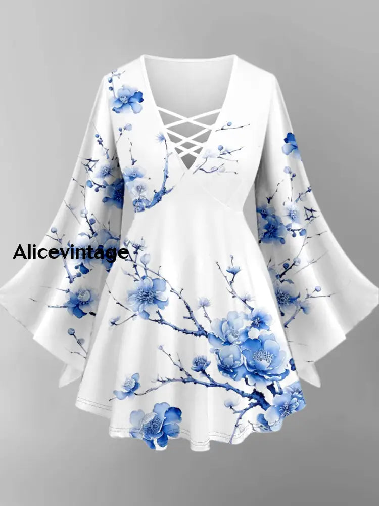 Floral Art Print V-Neck Long Sleeve Top A / XS