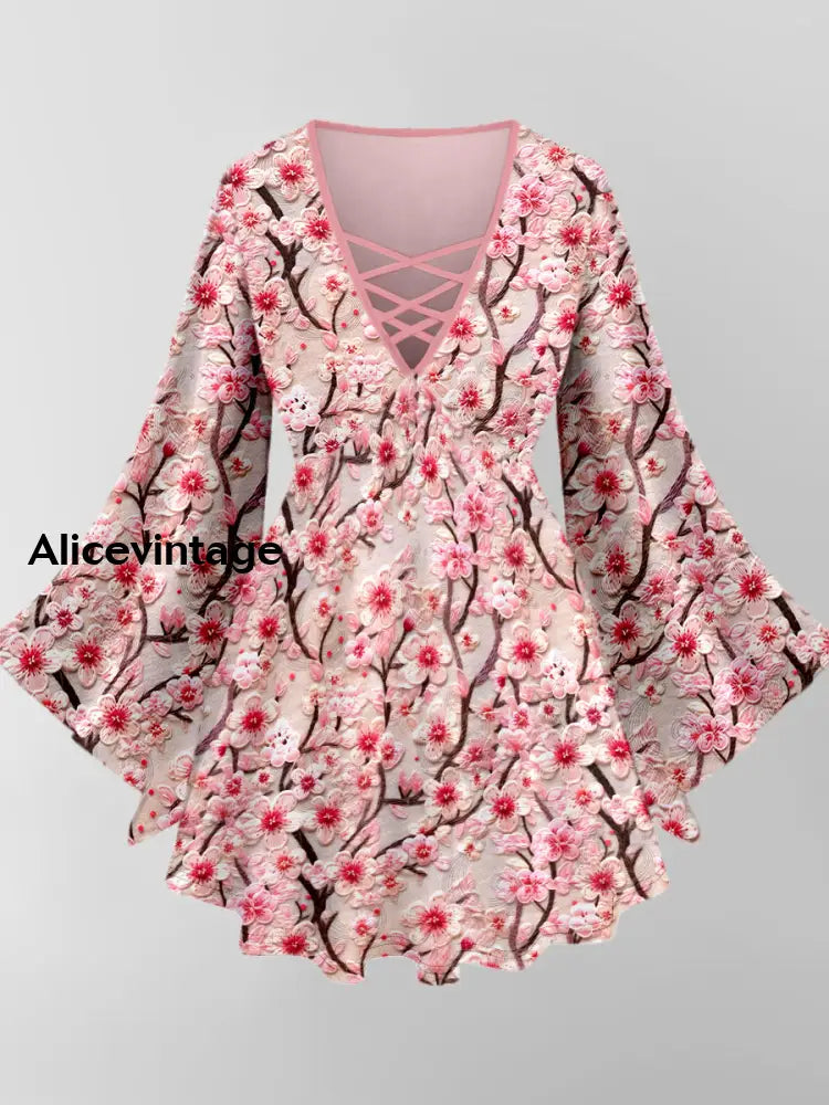 Floral Art Print V-Neck Long Sleeve Top A / XS