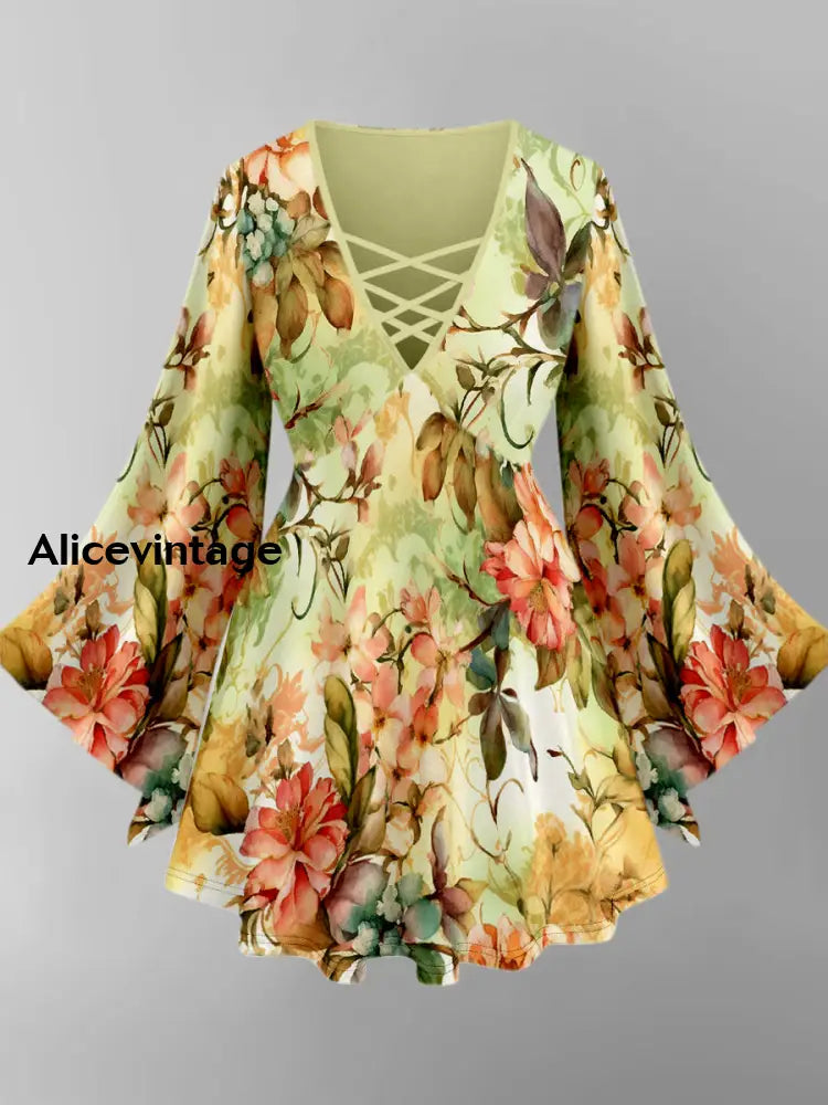 Floral Art Print V-Neck Long Sleeve Top A / XS
