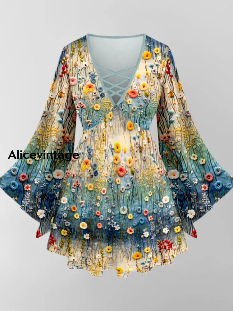 Floral Art Print V-Neck Long Sleeve Top A / XS