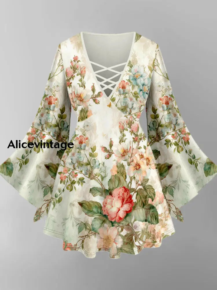 Floral Art Print V-Neck Long Sleeve Top A / XS